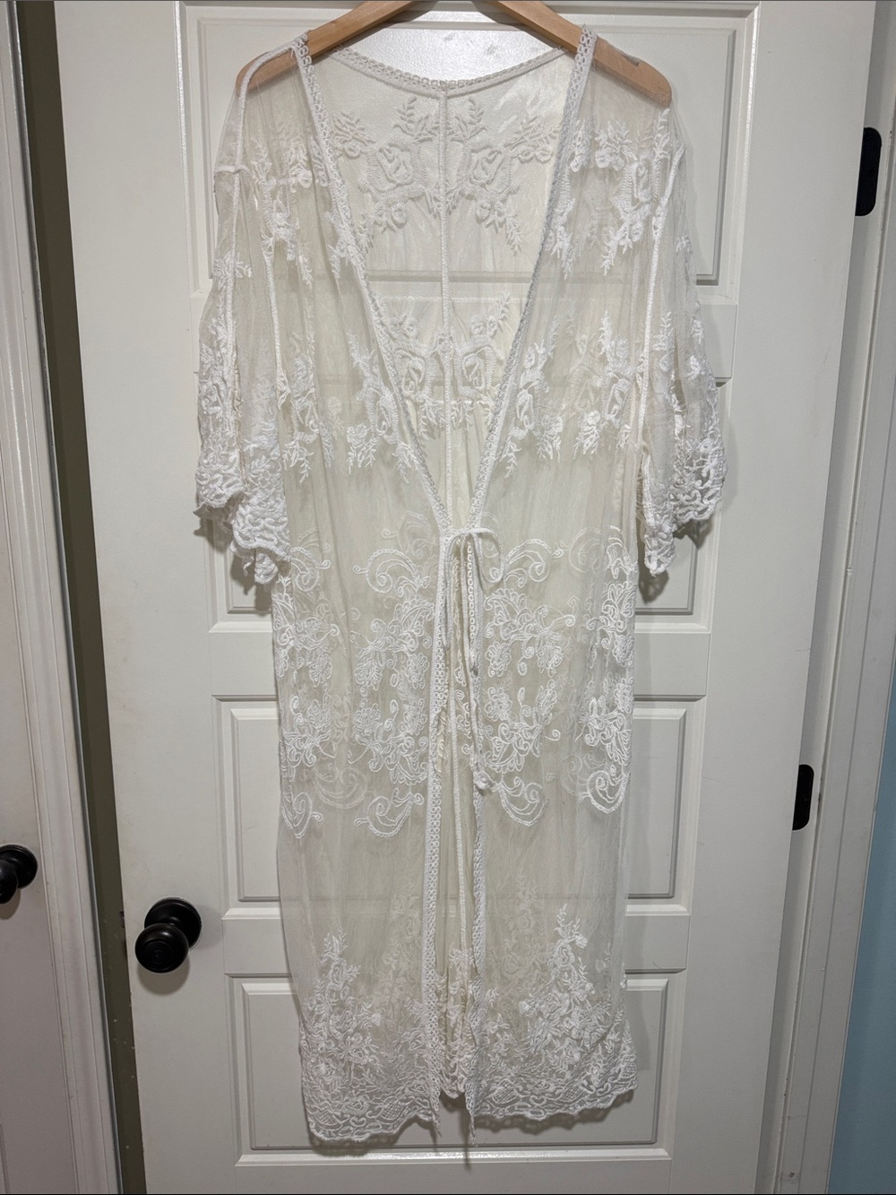 Dex Sheer Lace Embroidered Kimono Open Front Robe - white one size western rodeo - Picture 3 of 8